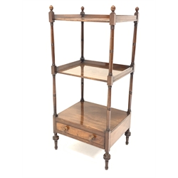  George III mahogany three tier whatnot, with ball finials and ring turned supports, drawer to base, W51cm, H117cm, D43cm  