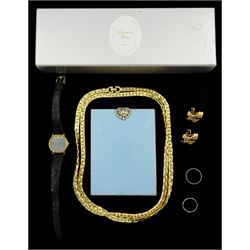Christian Dior gilt necklace boxed, one other Christian Dior box, platinum wedding band, 9ct gold wedding band, Volupte U.S.A compact, pair of gilt earrings and a Longines wristwatch 