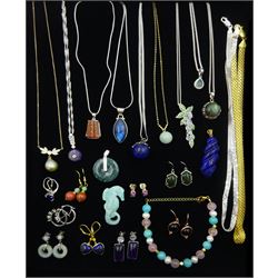 Collection of silver and silver-gilt stone set jewellery including earrings, pendants, necklaces and bracelet, set with pearl, rose quartz, amethyst, lapis lazuli, moonstone, labradorite, two silver chains and an amazonite seahorse 