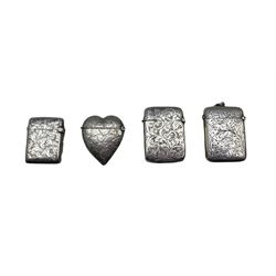 Late Victorian silver heart shape vesta case with engraved decoration Birmingham 1898 and three other engraved silver vesta cases (4) 