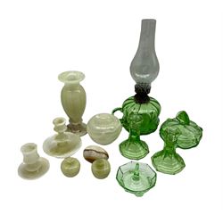 Set Czech glassware to include pair candlesticks, ring holder, trinket box and lamp; collection green onyx items including urn, candlesticks and lidded jars