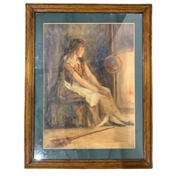 J Isherwood (British early 20th century): Girl by the Fireside, watercolour signed and dated '22, 45cm x 33cm