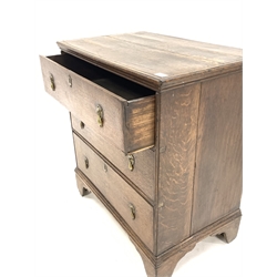 Small Georgian oak chest, fitted with three drawers and brass drop handles, raised on bracket supports,  W77cm
