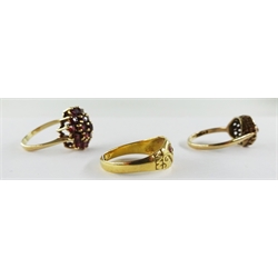 Edwardian 18ct gold five stone garnet and stone set ring, Chester 1906, 9ct gold garnet and pearl ring and one other 9ct gold garnet cluster ring, all hallmarked