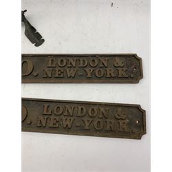 Pair of cast iron signs 'R. Hoe & Co, London & New York 80cm x 10cm and a weather vane (3)