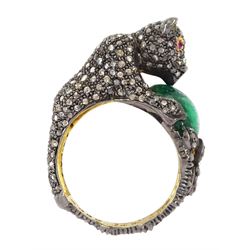 Gold and silver diamond set panther ring, with ruby eyes, holding a cabochon emerald, total diamond weight approx 1.85 carat, emerald approx 3.25 carat