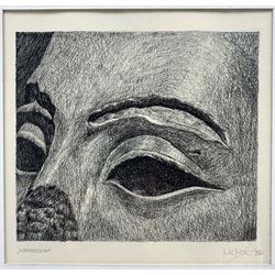 German School (20th century): 'Nofretete' and 'Nofretete with Damaged Nose', pair charcoal sketches of  a statue of Nefertiti, titled, indistinctly signed and dated 1992, 21cm x 22cm