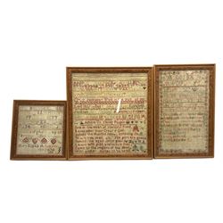 George III needlework sampler by Mary Elizabeth Jackson, dated 1803, worked with the alphabet, numbers and clovers, 24cm x 27cm, a William IV sampler by Mary Jackson dated 1835, worked with the alphabet, family members' names, 'Advice to Young People', trees etc, 44cm x 40cm, together with a third unfinished sampler, all in matching frames (3)