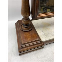 Victorian mahogany dressing table mirror, rectangular swing mirror in moulded frame supported by two turned horns, moulded rectangular platforms with central white and black veined marble top, on rectangular block feet