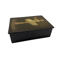 Early 20th century Russian lacquered papier-mache box painted with a Ballerina, indistinctly signed and dated 1902 L15cm x W11cm 