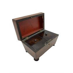Victorian rosewood sarcophagus form tea caddy, with brass escutcheon, the interior with two lidded cannisters, raised on four bun feet, L19.5cm x H12cm 