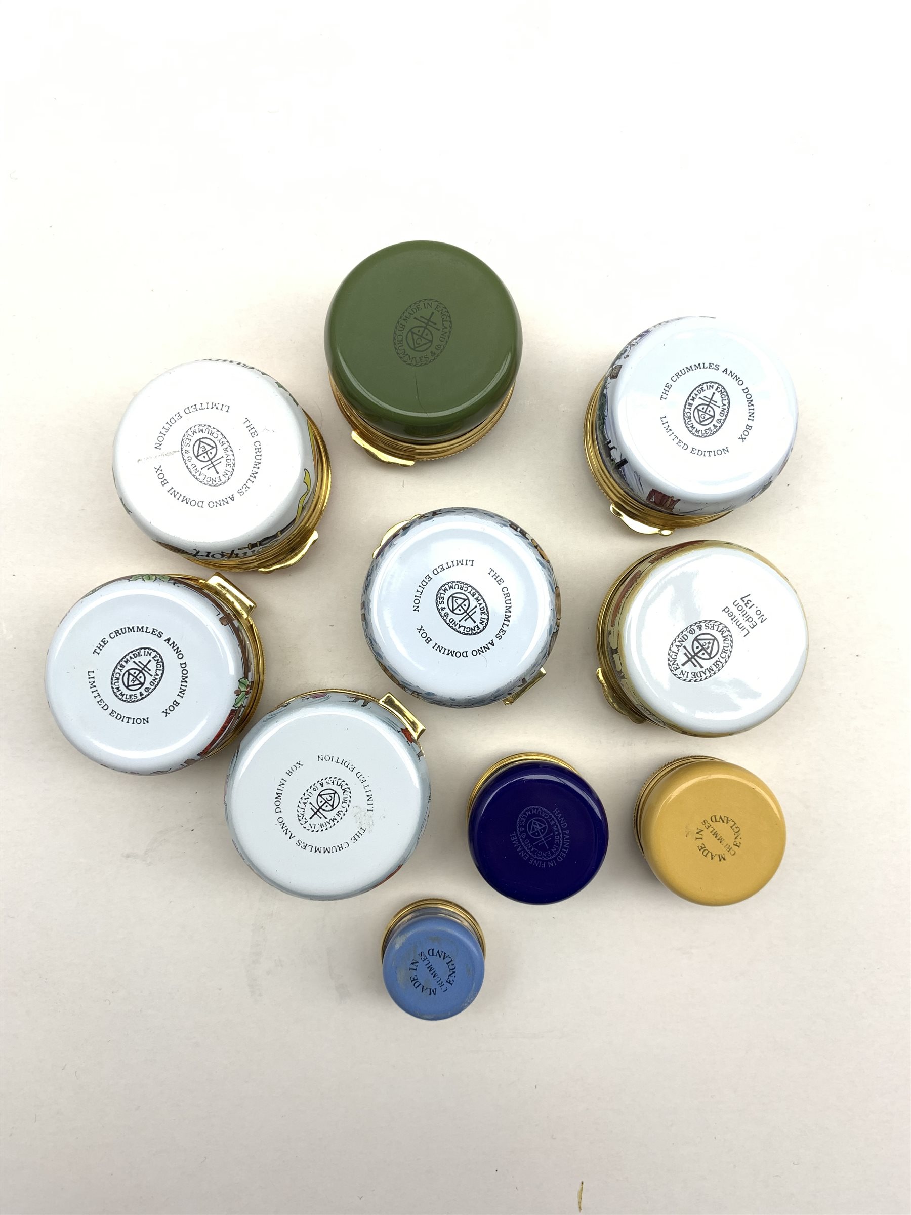 DS Collection of ten Crummles enamel pill boxes to include Year boxes ...