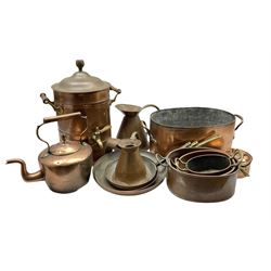 Large copper twin-handled fish kettle, three graduated oval copper pans, 19th century copper kettle, copper and brass tea urn, three copper frying pans etc 