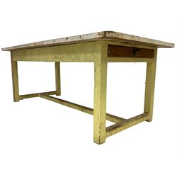 Victorian pine kitchen table, boarded plank pine top, painted base fitted with drawer, square supports joined by H frame stretchers