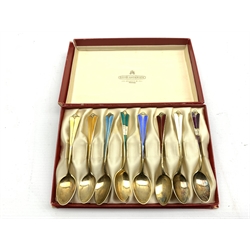 Set of eight Norwegian silver gilt and coloured enamel coffee spoons by David Andersen in original box 