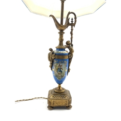 Continental Porcelain table lamp in the form of a ewer decorated with figure panel on a blue ground with gilt metal mounts H55cm