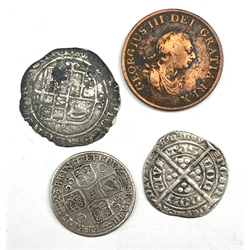 George III 1799 halfpenny, George I 1723 shilling (bent out of shape)  and two hammered coins