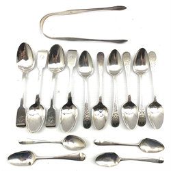 Five George III engraved silver tea spoons London 1798 Maker Peter and Ann Bateman, three York silver tea spoons by Barber, Cattle and North, six various 18th/19th century tea spoons and a pair of early 19th century silver sugar tongs 5oz