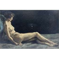 English School (Early 20th century): Female Nude, oil on board indistinctly signed and dated 1922, 30cm x 44cm
