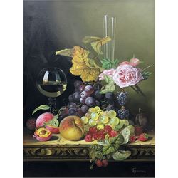 Continental School (20th century): Still Life of Fruit and Wine on a Ledge, oil on canvas indistinctly signed 60cm x 44cm