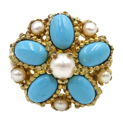 Silver-gilt turquoise and pearl cluster ring, stamped Sil