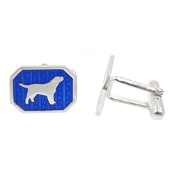Pair of silver and blue enamel dog cufflinks, hallmarked