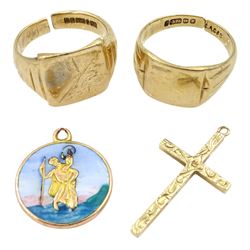 9ct gold jewellery including two signet rings, St Christopher's pendant and a cross, all hallmarked