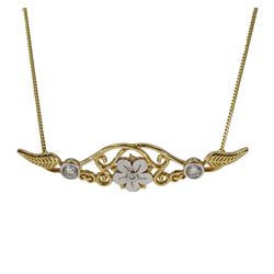 18ct gold diamond open work design flower necklace, three round brilliant cut diamonds set in white gold, hallmarked, with 9ct gold clasp stamped 375