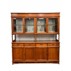 Chinese rosewood sideboard display cabinet, the top section fitted with four bevel glazed doors at each side, enclosing a shelf, four drawers and four cupboards under W182cm, H195cm, D50cm