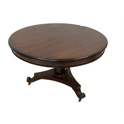 Late 19th century mahogany tilt-top breakfast table, circular top raised on octagonal pedestal with triangular base