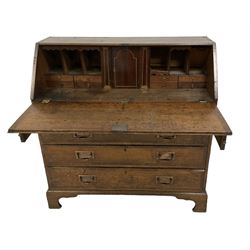 George III mahogany and oak bureau, mahogany banded fall-front enclosing fitted interior with cupboard, pigeonholes and correspondence drawers, above four graduating long drawers, lower moulded edge over bracket feet