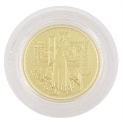 Queen Elizabeth II 2001 gold proof twenty five pound quarter ounce Britannia coin, cased with certificate