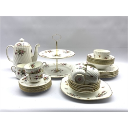 Minton 'Marlow' pattern table service comprising six dinner plates, six dessert bowls, six tea cups and saucers, six tea plates, coffee pot, milk jug, sugar bowl, bread and butter plate and a two tier cake stand (35)