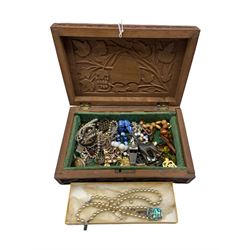 Costume jewellery, The Acme Thunderer whistle, New Zealand abalone and silver  brooch, badges etc in a carved wooden jewellery box