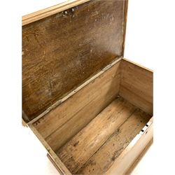 19th century pine blanket box, hinged lid revealing plain interior, with recessed brass carry handle to each end, raised on plinth base W97cm D55cm, H53cm