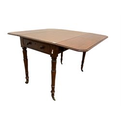 Victorian mahogany Pembroke table, the drop leaf top over one drawer and faux drawer opposite, raised on turned supports terminating in brass castors 