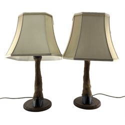 Pair of table lamps formed from deer slots mounted on oak shields, each with cream octagonal shade, H63cm