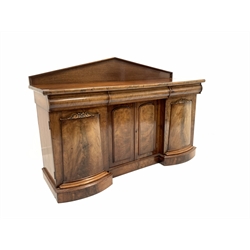  Victorian mahogany sideboard, with arched pediment over three cushion fronted frieze drawers and four panelled cupboard doors, raised on plinth base, W174cm, H115cm, D53cm  