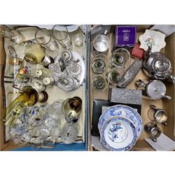 Quantity of assorted table glass, glass and plated cruet, hotel plate tea set, china etc in two boxes