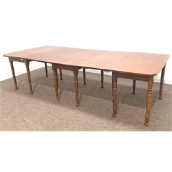 Georgian mahogany dining table, double drop leaf to centre with gate leg action and two 'D' ends, raised on a replacement base with ring turned supports,  L271cm x W81cm x H74cm