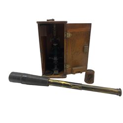 Baker of London three drawer brass and leather telescope, the first drawer inscribed 'Baker, 244 High Holborn, London', L77cm extended, together with a 
telescope together with an early 20th century Bausch Lomb black lacquer and brass microscope, in fitted case (2)