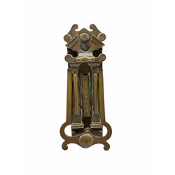 Edwardian brass letter box and door knocker with broken arch top and the knocker formed as an easel, H31cm x W13cm 