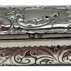 Victorian rectangular silver box with hinged lid embossed with trailing scrolls and vacant cartouche L19cm Birmingham 1896 Makers A & J Zimmerman 6.9oz