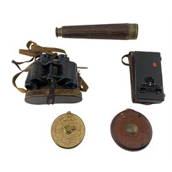19th century brass and leather covered four draw telescope, pair of Carl Zeiss Marineglas 6 x 30 binoculars, Brownie folding Autographic camera, brass cased Lawn Tennis measure and a Chesterman's patent leather covered tape measure (5)