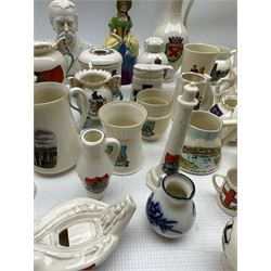 Quantity of Goss crested china including figure 'Miss Julia', parian bust of W H Goss,  sugar caster commemorating 1911 coronation, Beachy Head, Portland, Eddystone and Teignmouth lighthouses and other Goss items approx 55 pieces