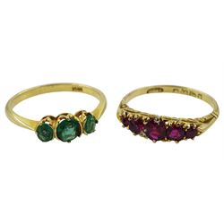 Gold three stone emerald ring, stamped 18ct and a graduating red/pink stone set ring, Chester 1893