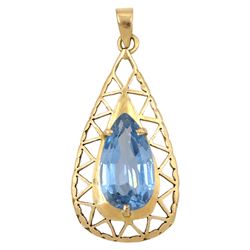 18ct gold pear shaped synthetic blue stone openwork pendant 