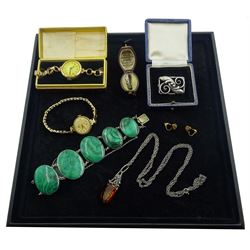 Danish silver leaf design brooch by Hugo Grun, two 9ct gold ladies manual wind wristwatches, hallmarked, both on gilt straps, silver Baltic amber necklace, silver malachite link bracelet, silver ring and a pair of gilt glower earrings