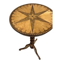 19th century birch, walnut, satinwood and fruitwood occasional table, the circular top with large central star motif within a cusped panel and lozenge band, turned pillar on three fretwork silhouette splayed supports