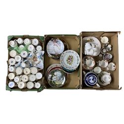 Box of commemorative mugs, box of collectors plates and a box of Paragon and other tea ware
